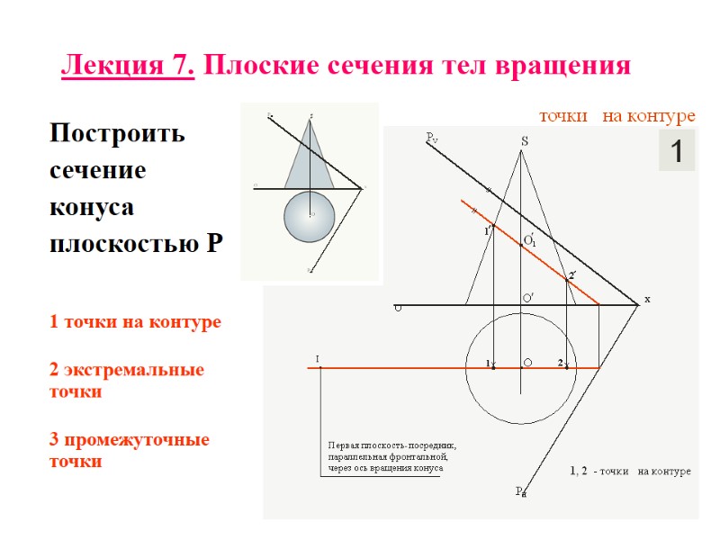 Лекция 7. Плоские сечения тел вращения Построить  сечение  конуса  плоскостью Р
